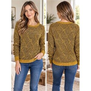 T Tahari Womens XS Gold Brown Marled Knit Sweater Textured Diamond Pattern Comfy